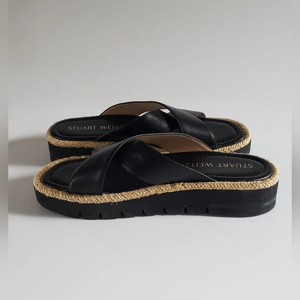 Stuart Weitzman Roza Lift Slide Black Leather Size 7 B